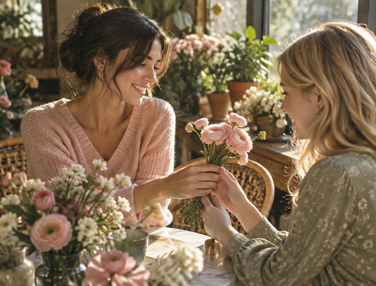 Two women at a sunlit cafe table, one handing the other a small bunch of flowers